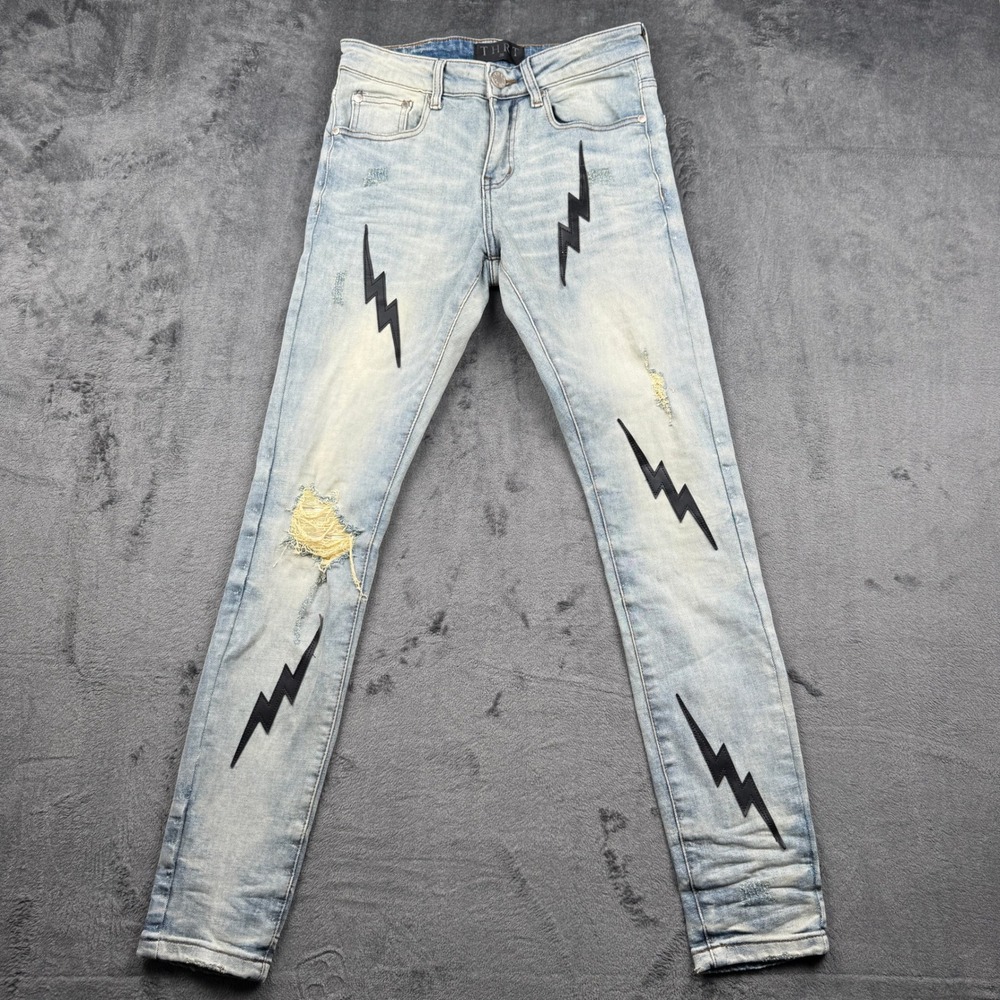 THRT Denim Lightning Bolt Distressed Jeans Mens 28 Light Wash Skinny Excellent